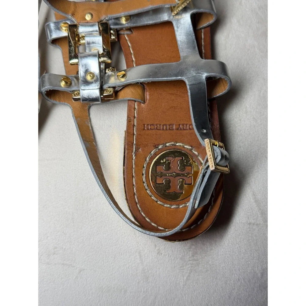 Tory Burch Metallic Silver Leather Gladiator Sandals Gold Hardware Womens Size 8